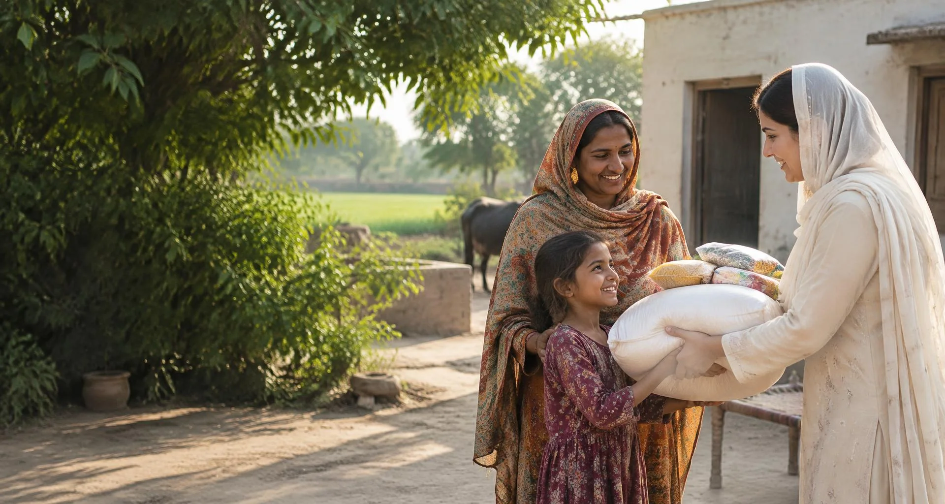 Illustrative scene of a volunteer helping a family with a food pack